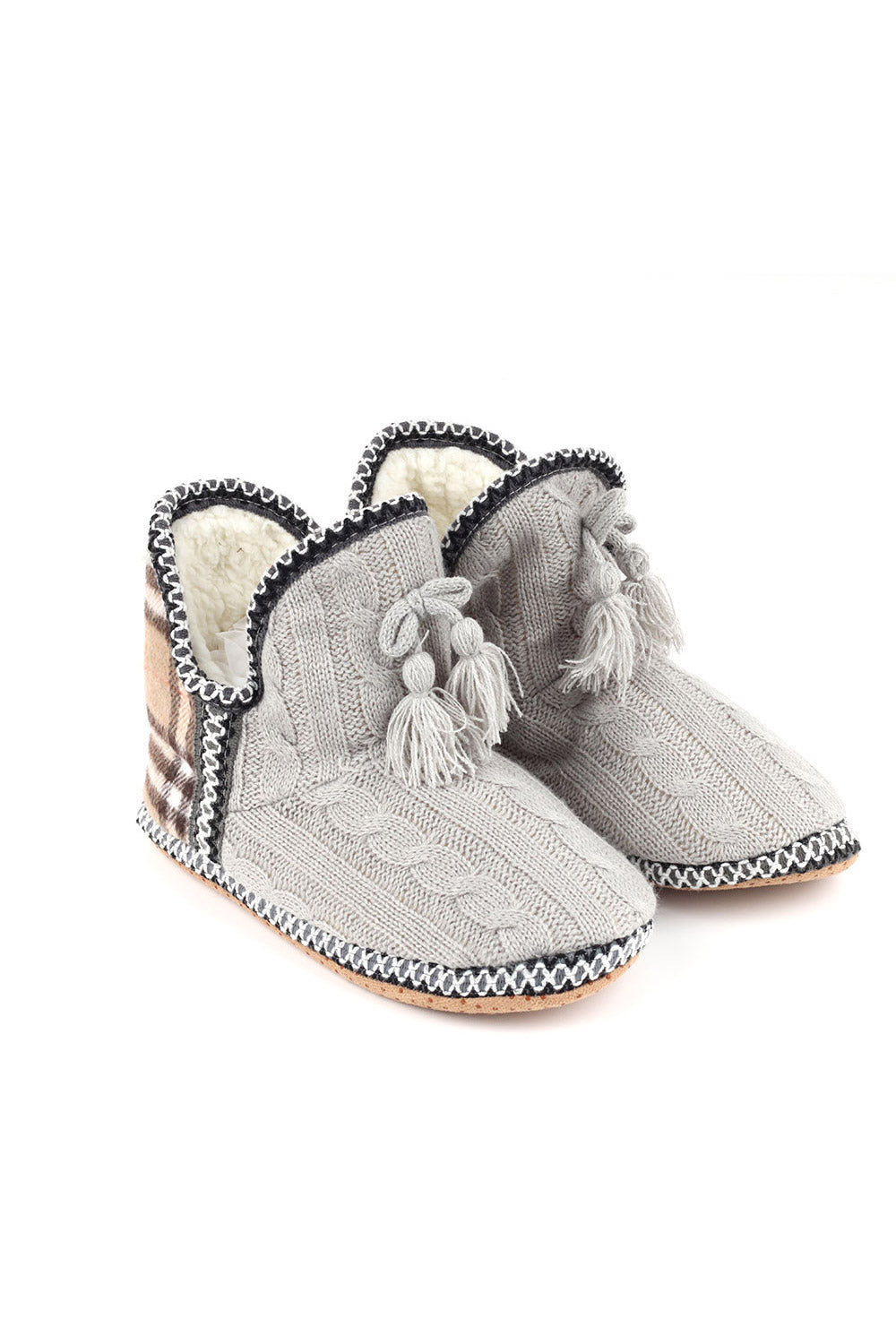 Cable knit and beige tartan home booties with tassels ribbon, faux sherpa lining, and anti-slip sole.