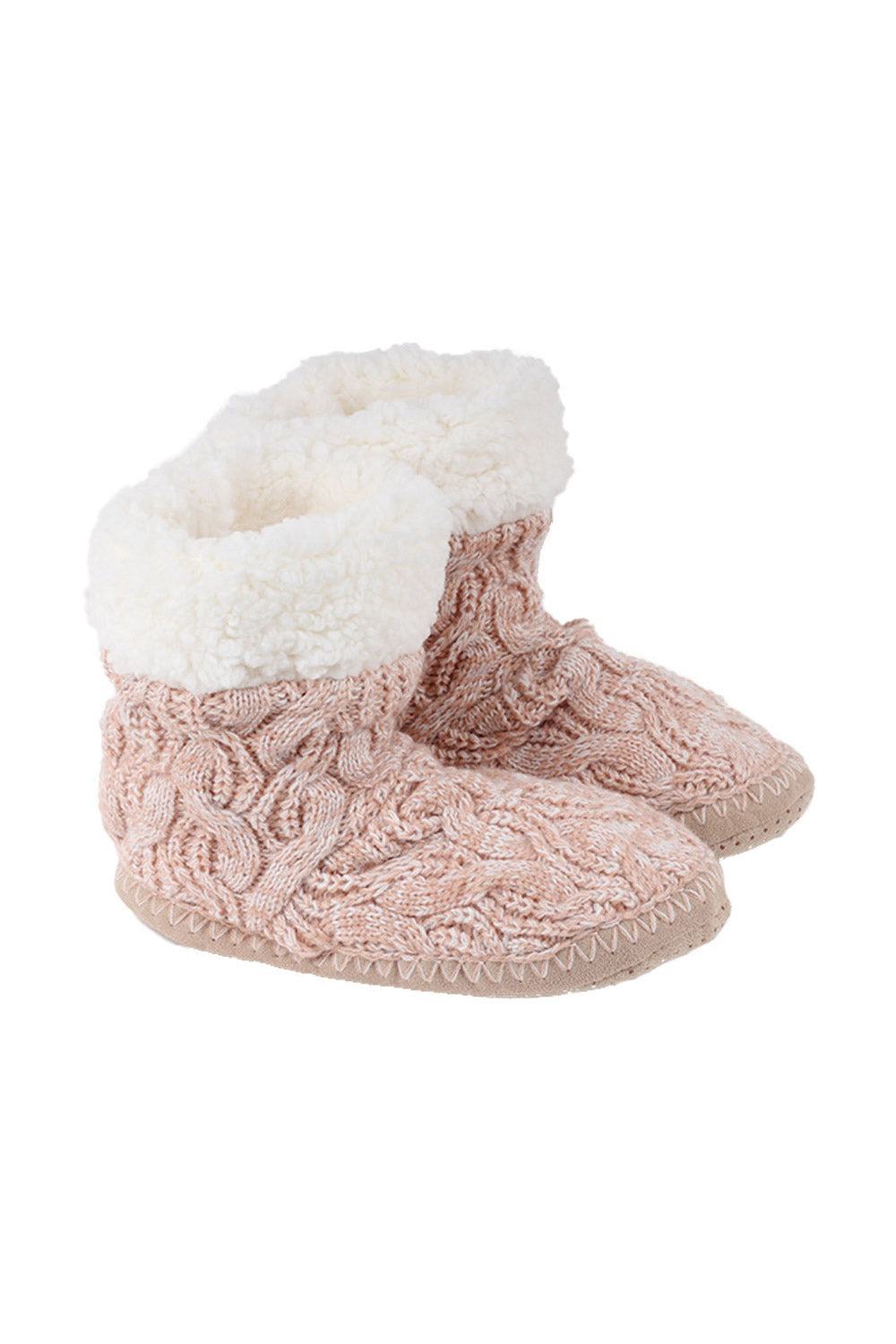 Cable knit home booties with faux sherpa lining and anti-slip sole.