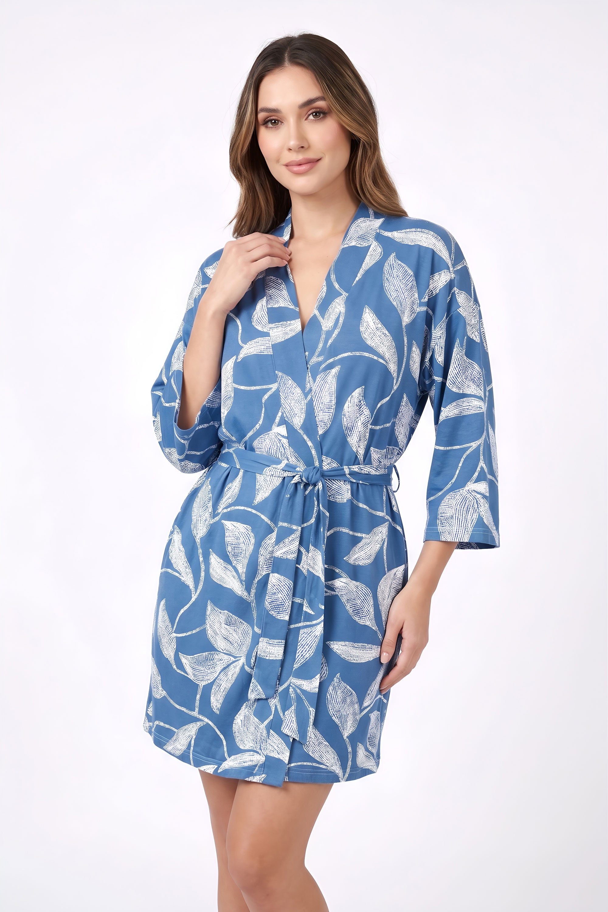 Blue Leaf Print Kimono Robe