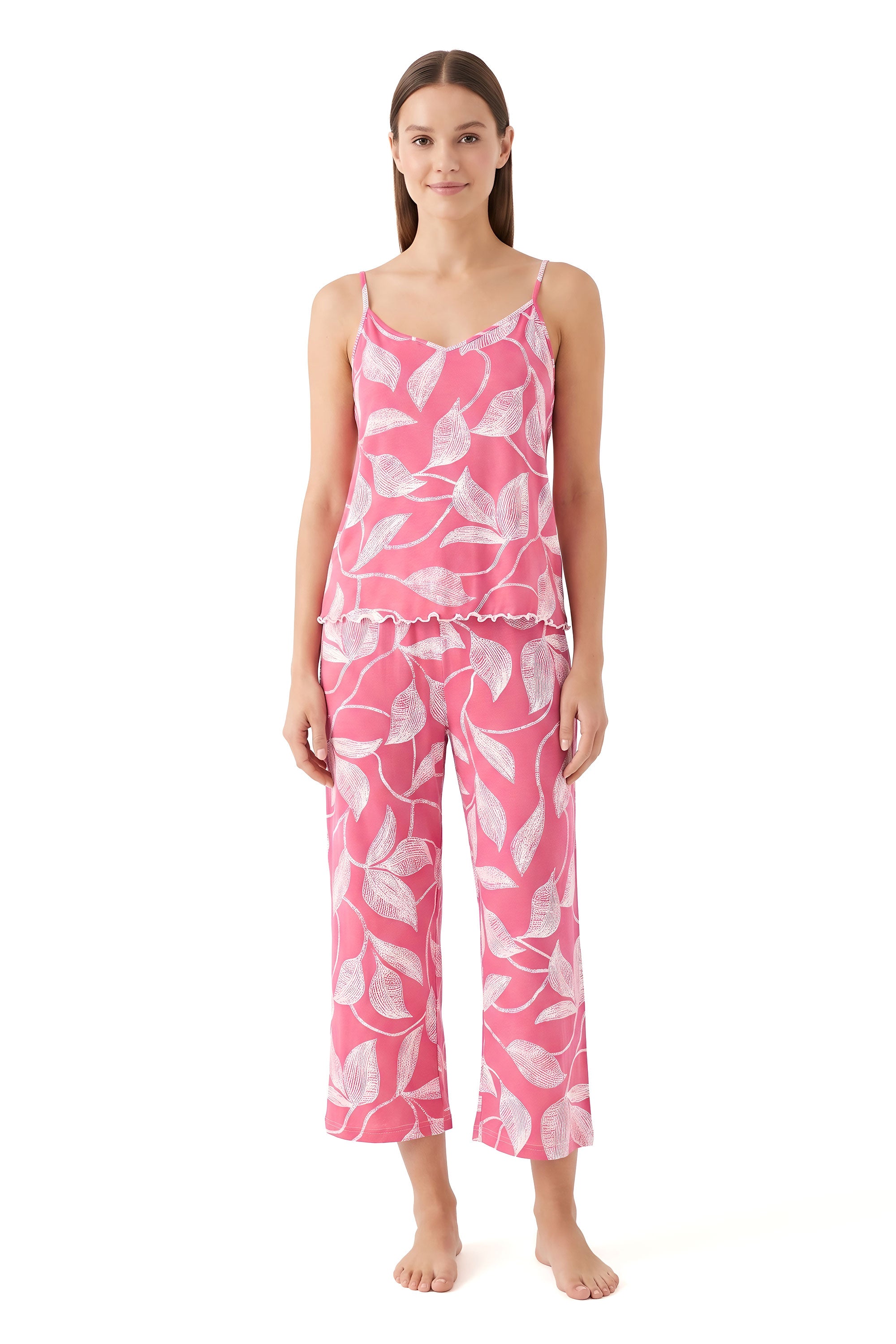 Pink Floral Print Cropped Pajama Set